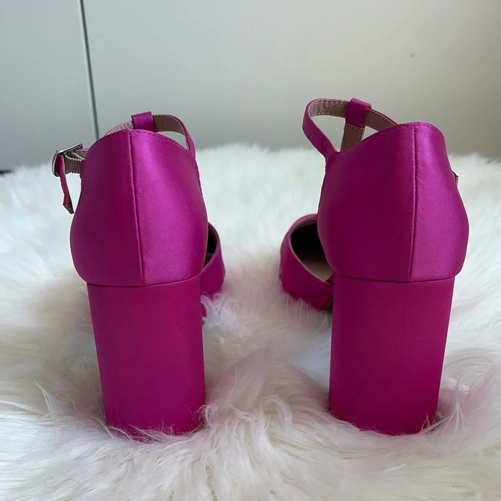 Pop Pink T-Strap Heels with Block Heel - Picture 3 of 9